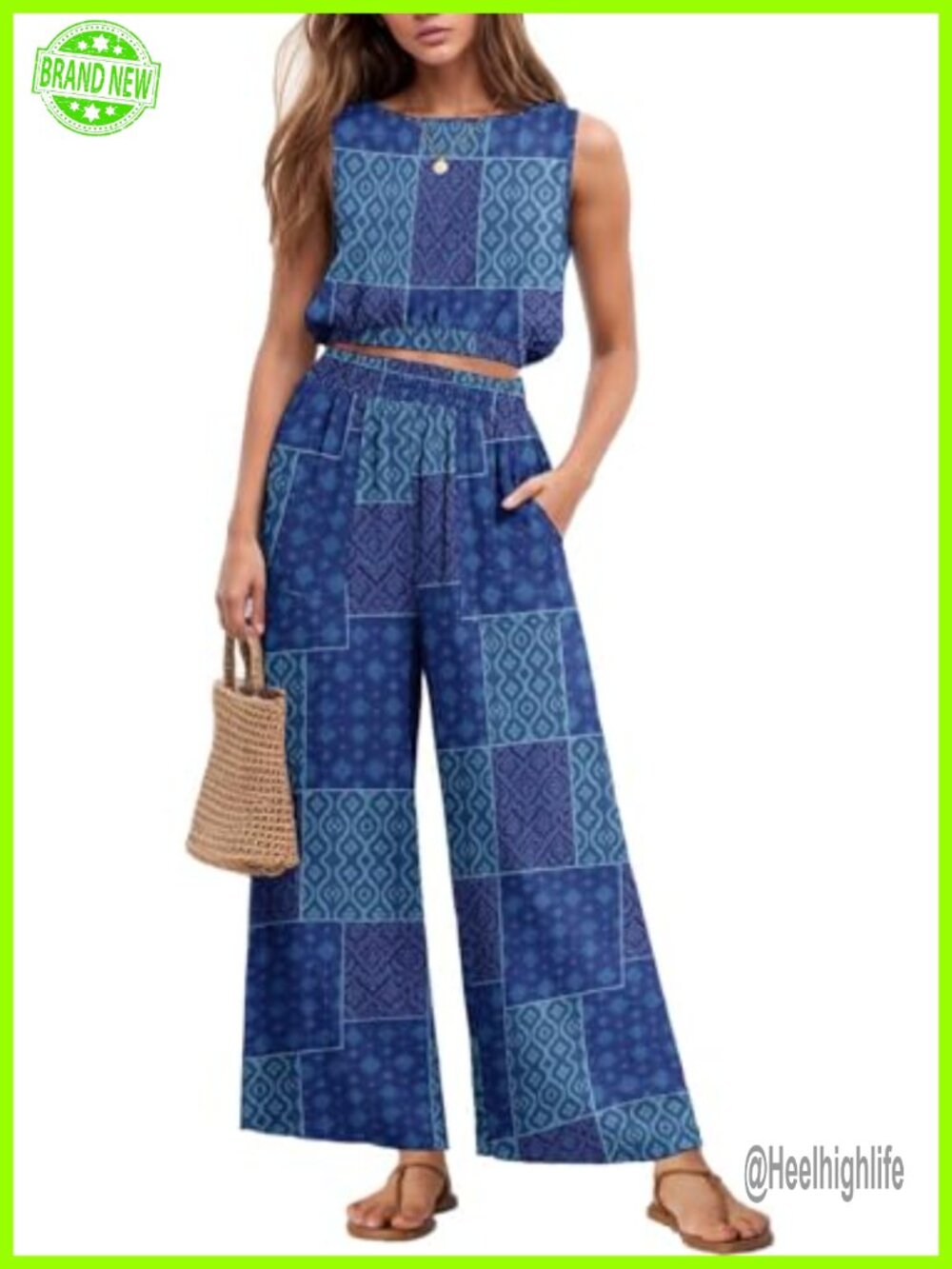 Women's 2 Piece Outfit Sleeveless Crop Top Wide Leg Pants Set Polyester